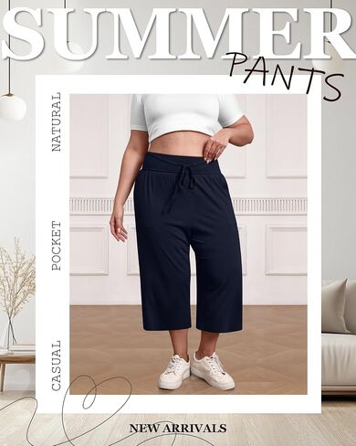 3 Pack Women's Plus Size Capri Pants, Cotton Drawstring Capris Sweatpants Casual Summer Cropped Pants with Pockets in Saudi Arabia