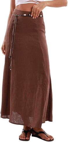 Amazhiyu Women's 100% Linen A-line Maxi Skirt with Matching Belt Summer Casual in Saudi Arabia
