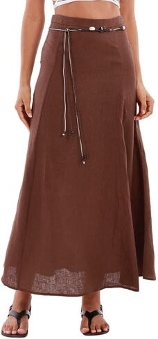 Amazhiyu Women's 100% Linen A-line Maxi Skirt with Matching Belt Summer Casual in Saudi Arabia