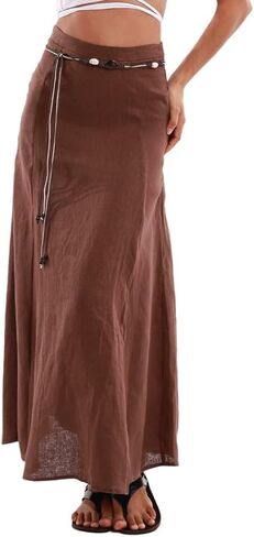 Amazhiyu Women's 100% Linen A-line Maxi Skirt with Matching Belt Summer Casual in Saudi Arabia