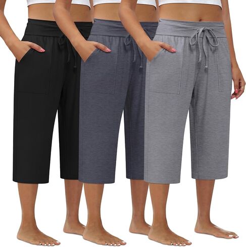 3 Pack Women's Plus Size Capri Pants, Cotton Drawstring Capris Sweatpants Casual Summer Cropped Pants with Pockets in Saudi Arabia