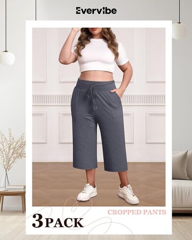 3 Pack Women's Plus Size Capri Pants, Cotton Drawstring Capris Sweatpants Casual Summer Cropped Pants with Pockets in Saudi Arabia