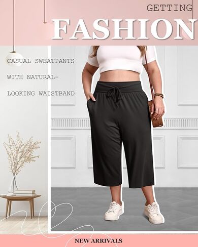 3 Pack Women's Plus Size Capri Pants, Cotton Drawstring Capris Sweatpants Casual Summer Cropped Pants with Pockets in Saudi Arabia