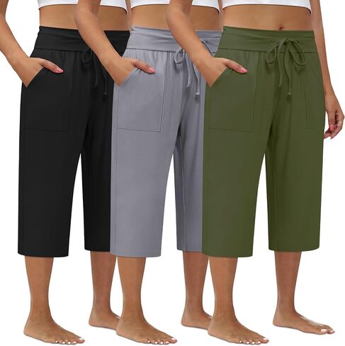 3 Pack Women's Plus Size Capri Pants, Cotton Drawstring Capris Sweatpants Casual Summer Cropped Pants with Pockets in Saudi Arabia