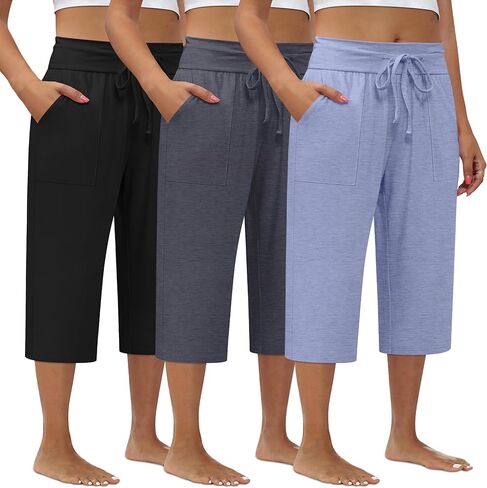 3 Pack Women's Plus Size Capri Pants, Cotton Drawstring Capris Sweatpants Casual Summer Cropped Pants with Pockets in Saudi Arabia