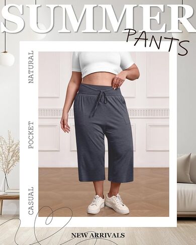 3 Pack Women's Plus Size Capri Pants, Cotton Drawstring Capris Sweatpants Casual Summer Cropped Pants with Pockets in Saudi Arabia