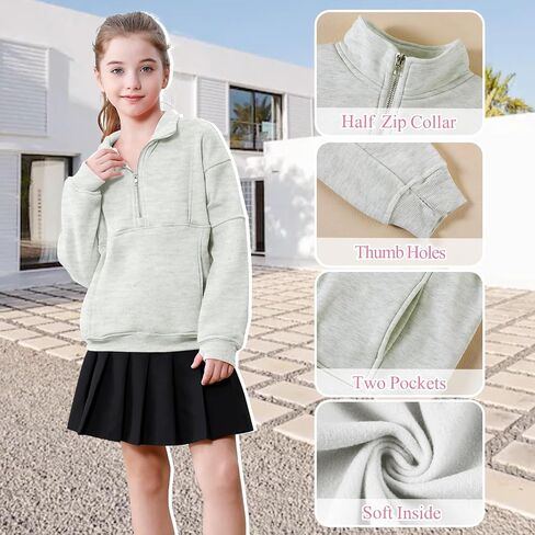 Girls Sweatshirt Half Zipper Girls Crop Tops Clothes with Pockets Casual Long Sleeve Shirts Pullover Thumb Hole in Saudi Arabia