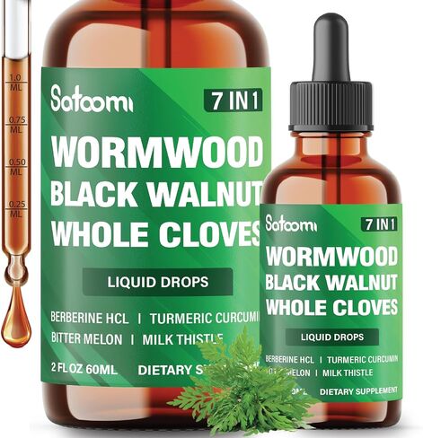 Satoomi 7in1 قطرات سائل Wormwood مع الجوز الأسود ، القرنفل الكامل ، البربريين ، الحليب الشوك ، البطيخ المرير والكركم - 60 مل لمدة 60 يومًا in Kuwait