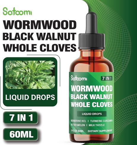 Satoomi 7in1 قطرات سائل Wormwood مع الجوز الأسود ، القرنفل الكامل ، البربريين ، الحليب الشوك ، البطيخ المرير والكركم - 60 مل لمدة 60 يومًا in Kuwait
