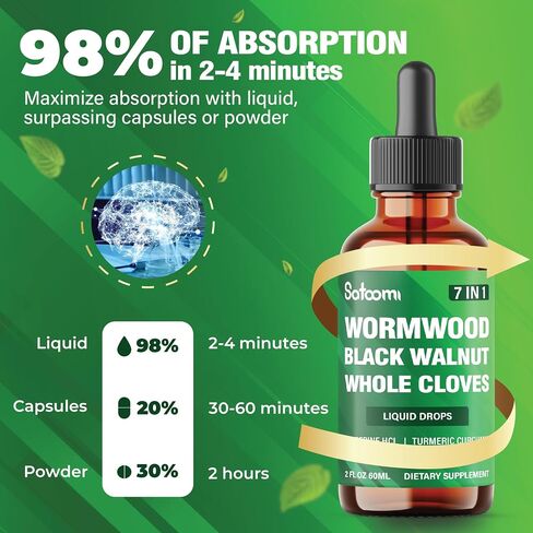 Satoomi 7in1 قطرات سائل Wormwood مع الجوز الأسود ، القرنفل الكامل ، البربريين ، الحليب الشوك ، البطيخ المرير والكركم - 60 مل لمدة 60 يومًا in Kuwait