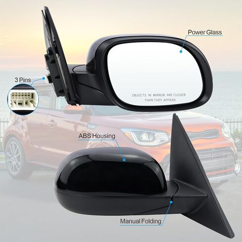 Right Passenger Side Mirror Compatible With 2014 2015 2016 2017 2018 2019 2020 2021 2022 2023 2024 Kia Soul With Manual Folding Power Glass Black Replace#87620B2500 (3Pins) in Saudi Arabia