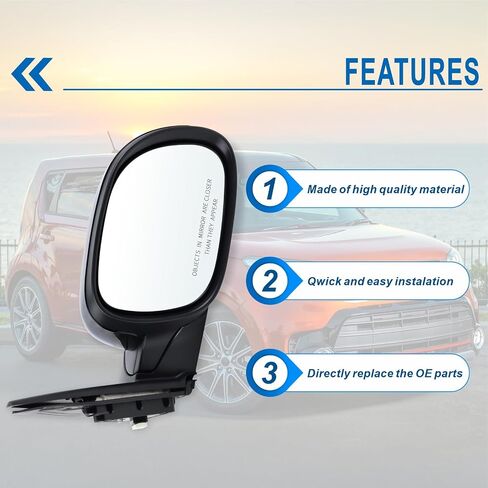 Right Passenger Side Mirror Compatible With 2014 2015 2016 2017 2018 2019 2020 2021 2022 2023 2024 Kia Soul With Manual Folding Power Glass Black Replace#87620B2500 (3Pins) in Saudi Arabia