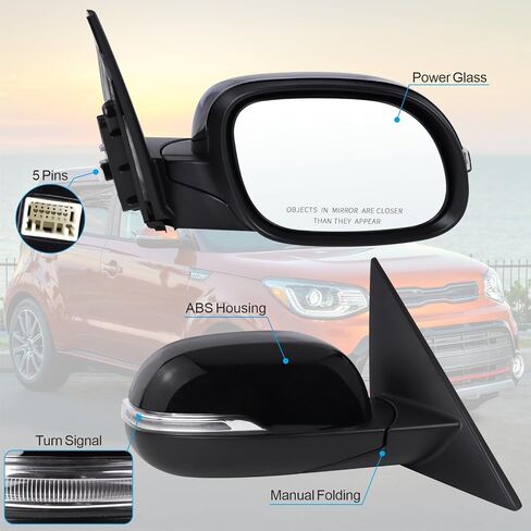 Right Passenger Side Mirror Compatible With 2014 2015 2016 2017 2018 2019 2020 2021 2022 2023 2024 Kia Soul With Manual Folding Power Glass Black Replace#87620B2500 (3Pins) in Saudi Arabia