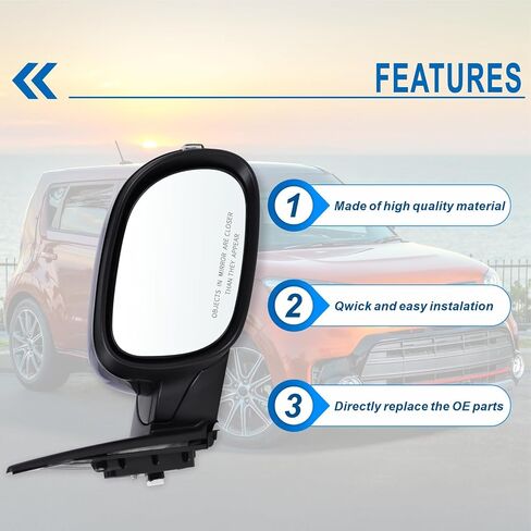 Right Passenger Side Mirror Compatible With 2014 2015 2016 2017 2018 2019 2020 2021 2022 2023 2024 Kia Soul With Manual Folding Power Glass Black Replace#87620B2500 (3Pins) in Saudi Arabia