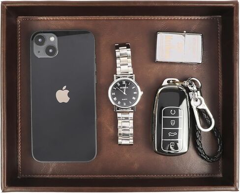 Leather Decorative Vanity Tray, Desktop Storage Organizer, Catchall Tray, Valet Tray, Nightstand or Dresser Organizer Tray for Men Change,Key,Phone,Glasses (Brown) in Saudi Arabia