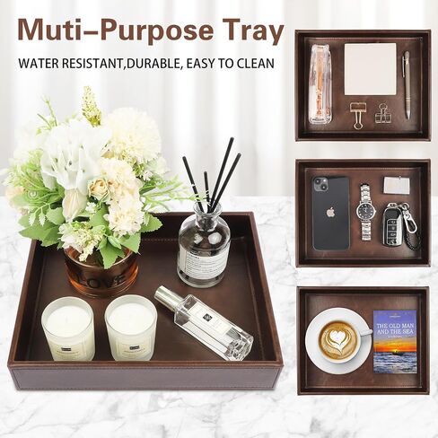 Leather Decorative Vanity Tray, Desktop Storage Organizer, Catchall Tray, Valet Tray, Nightstand or Dresser Organizer Tray for Men Change,Key,Phone,Glasses (Brown) in Saudi Arabia