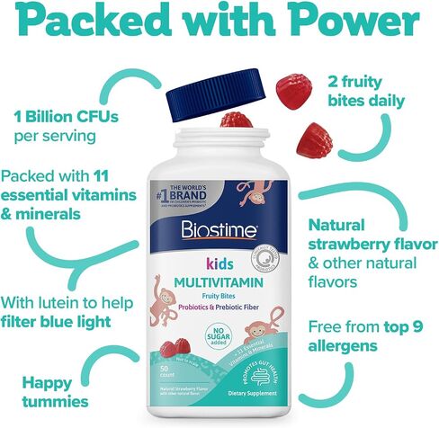 Biostime Kids Multivitamin Gummies with Probiotics & 11 Essential Vitamins (Ages 4+) | Multivitamin for Kids | No Added Sugar Fruity Bites | Free from Top 9 Allergens | 50 Count in Kuwait