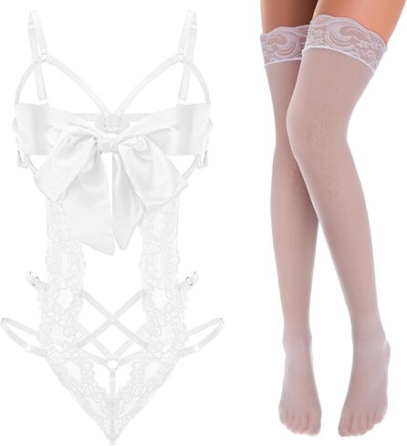 نساء مثيرة الملابس الداخلية وضعت undrap me bow tie lingerie مع جوارب الدانتيل الملابس الداخلية الناعمة الشريط للملابس in Kuwait