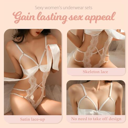 نساء مثيرة الملابس الداخلية وضعت undrap me bow tie lingerie مع جوارب الدانتيل الملابس الداخلية الناعمة الشريط للملابس in Kuwait