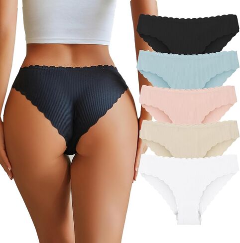 5 Pack Seamless Underwear for Women No Show Bikini Breathable Hipster Wavy Sides Invisibles Cheeky Panties in Kuwait