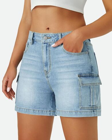 Womens Cargo Jean Shorts High Waisted Microelastic Straight Leg Long Denim Mom Shorts in Saudi Arabia