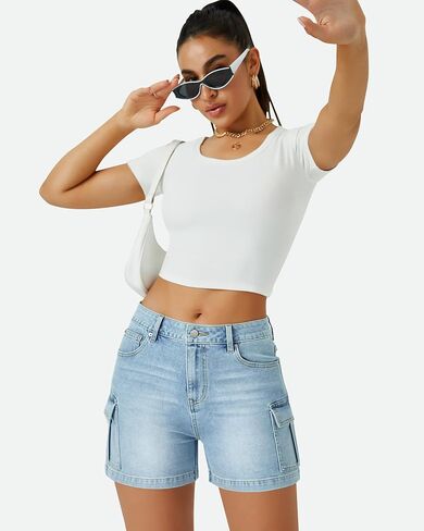 Womens Cargo Jean Shorts High Waisted Microelastic Straight Leg Long Denim Mom Shorts in Saudi Arabia