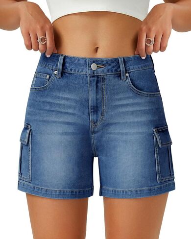 Womens Cargo Jean Shorts High Waisted Microelastic Straight Leg Long Denim Mom Shorts in Saudi Arabia