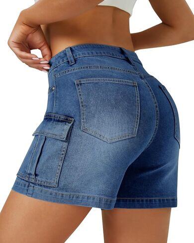 Womens Cargo Jean Shorts High Waisted Microelastic Straight Leg Long Denim Mom Shorts in Saudi Arabia
