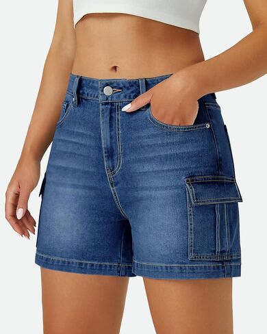 Womens Cargo Jean Shorts High Waisted Microelastic Straight Leg Long Denim Mom Shorts in Saudi Arabia
