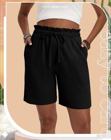 Neer 3 Pack Women's Linen Bermuda Shorts Summer Wide Leg Cotton Casual High Waist Drawstring Mid Length Shorts with Pockets in Saudi Arabia