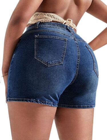 Plus Size Denim Shorts Women High Waisted Ripped Folded Hem Jean Shorts in Saudi Arabia