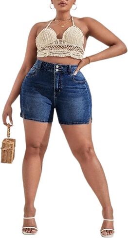 Plus Size Denim Shorts Women High Waisted Ripped Folded Hem Jean Shorts in Saudi Arabia
