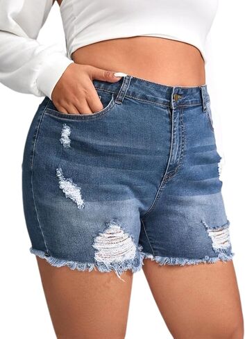 Plus Size Denim Shorts Women High Waisted Ripped Folded Hem Jean Shorts in Saudi Arabia