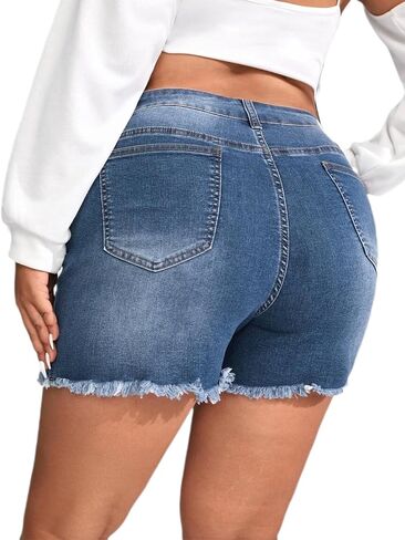 Plus Size Denim Shorts Women High Waisted Ripped Folded Hem Jean Shorts in Saudi Arabia