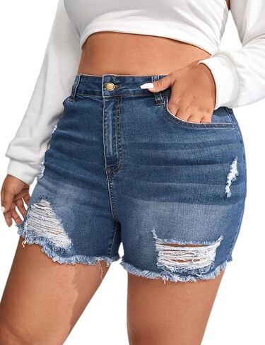 Plus Size Denim Shorts Women High Waisted Ripped Folded Hem Jean Shorts in Saudi Arabia