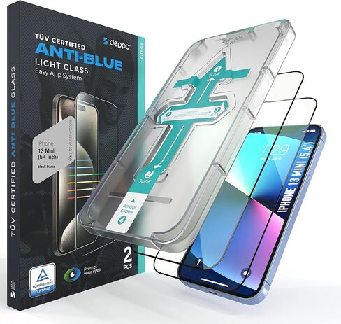 Deppa |2 Pack| Eye Safeguard TÜV Certified Anti-Blue Light Screen Protector for IPhone 13 Pro/13/14 (6.1') Tempered Glass Edge to Edge Full Cover with Easy Installation Kit Tray in Kuwait