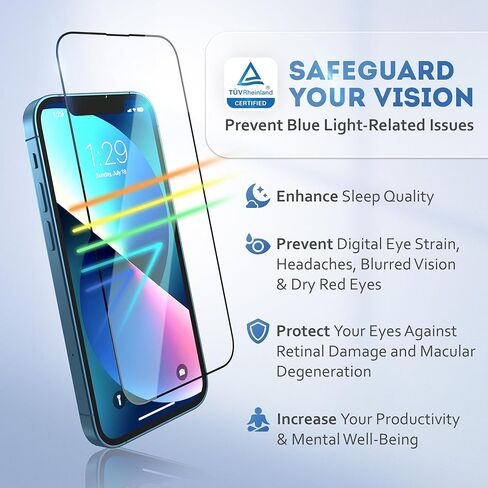 Deppa |2 Pack| Eye Safeguard TÜV Certified Anti-Blue Light Screen Protector for IPhone 13 Pro/13/14 (6.1') Tempered Glass Edge to Edge Full Cover with Easy Installation Kit Tray in Kuwait
