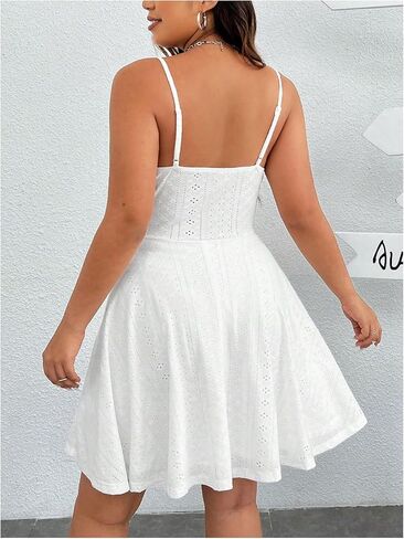 Floerns Women's Plus Size Sleeveless Ruched Bust Eyelet Embroidery Flared Cami Dresses in Kuwait