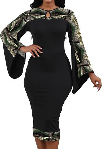 Oxgmoky Women's African Print Dress Work Business Bodycon Long Sleeve Round Neck Pencil Dresses in Saudi Arabia