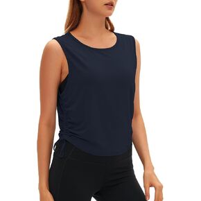 Women Open Back Sleeveless Workout Tops Crew Neck Ruched Side Tanks Athletic Casual Loose Shirts