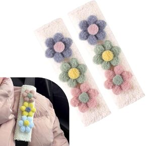 2 PCS Car Seatbelt Shoulder Pads, Soft Plush Relief Shoulder and Neck Pressure Pad, Cartoon Small Flower Decorative Items, Universal for Most Cars (Purple)