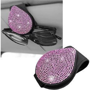 Bling Sunglass Holder for Car Visor, Magnetic Leather Visor Clip Glasses Holder with Sparkling Rhinestones, Crystal Visor Ticket Card Clip for Women Girls, Car Accessories (Black)
