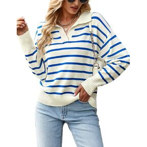 Women Striped Sweater Polo V Neck Long Sleeve Loose Sweater Knit Pullover Jumper Tops