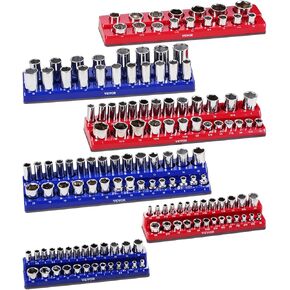 مجموعة منظم المقبس المغناطيسي Vevor ، حامل مقبس 6pcs ، 1/4 '' ، 3/8 '' & 1/2 '' SAET SOCKERATE مع ملصقات واضحة ، تمسك حتى 143pcs قياسي ومقابس عميقة ، زرقاء وأحمر (مآخذ غير متضمنة)