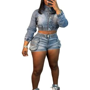 Molilove Women's Denim 2 Piece Outfits Summer Casual Crop Jacket High Waist Shorts Set Trendy 2025 Matching Jean Lounge Set