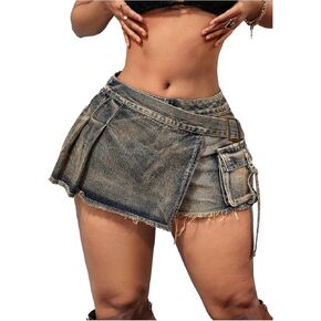 Floerns Women's Asymmetrical Distressed Denim Skort Low Rise Y2K Mini Jean Shorts