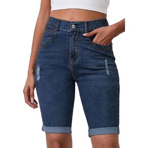 Womens Jean Shorts High Waisted Stretchy Elastic Waist Denim Bermuda Shorts Summer 10" Inseam Jorts