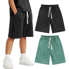 Flygo 2 Pack Boys Girls Cotton Shorts حمض غسله سحب نشط على شورتات الركض الرادي
