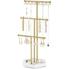Pinzoveco Jewelry Organizer, 3 Tier Jewelry Holder Organizer with Tray, Jewelry Tree with Earring Organizer, 16 Hooks Necklace Holder, Bracelet Organizer and Ring Tray,Glod and White