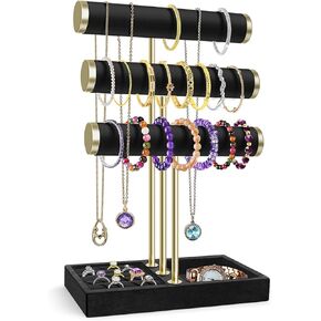 Flexzion 3 Tier Bracelet Holder Display Stand - Black Velvet Bracelet Holder Organizer with Detachable T Bar - Jewelry Display Stand for Bracelets, Bangles, Necklace, Watches, Rings